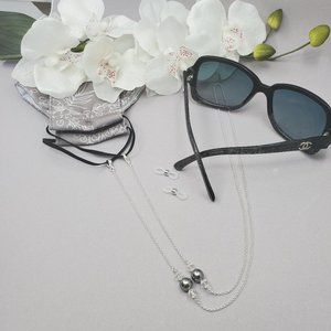 Sterling Silver Mask Chain Grey Pearls & Crystals